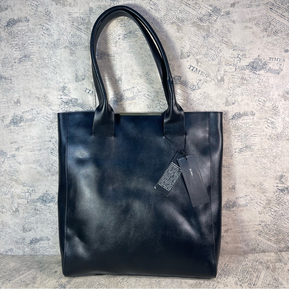 BCBGMAXAZRIA Cleo Black Leather Tote Bag Gold Hardware Work Purse